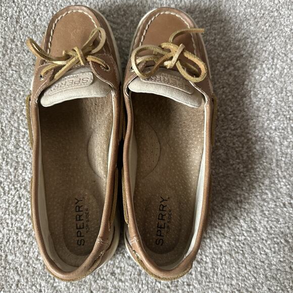 Sperry Angelfish Top Sider Metallic Leather & Linen Tan Boat Shoes Womens 6 - Picture 3 of 13